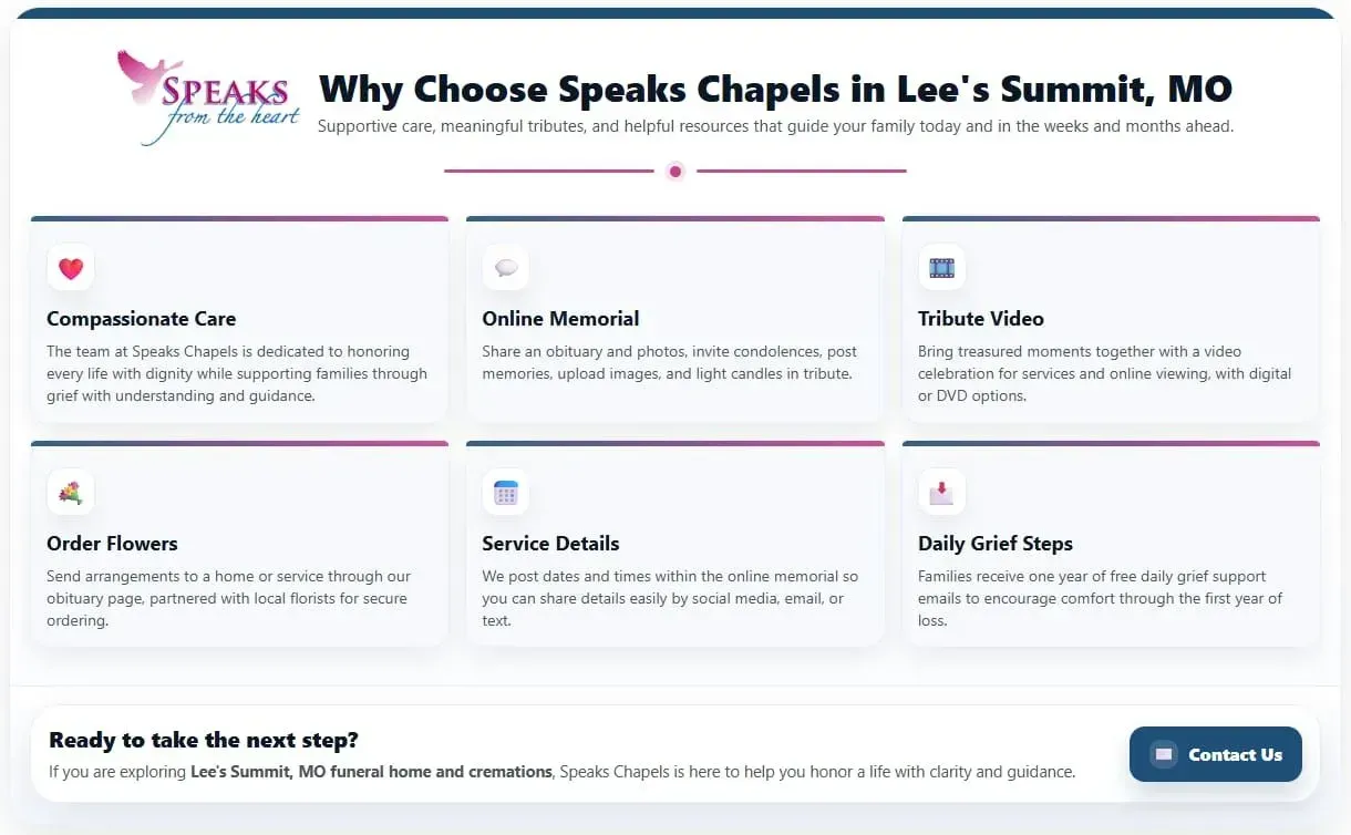 SpeakS Chaplains webpage with six service cards and a contact button, in purple and white.