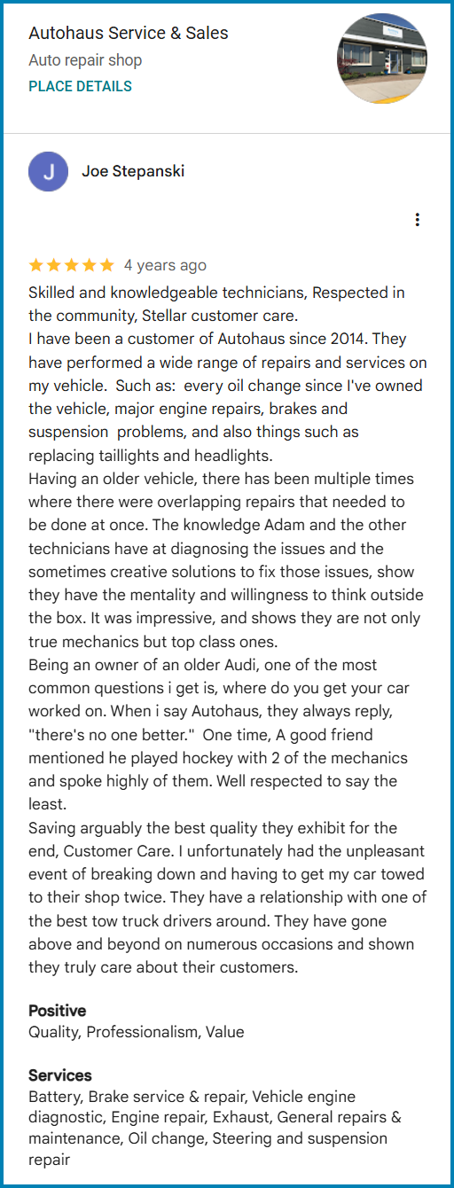 Screenshot of 5-star review from Joe Stepanski for our auto repair shop in Royal Oak, MI | Autohaus Service & Sales