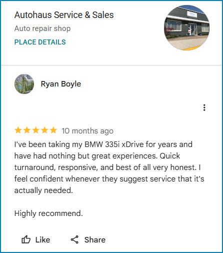 Screenshot of 5-star review from Ryan Boyle for our auto repair shop in Royal Oak, MI | Autohaus Service & Sales