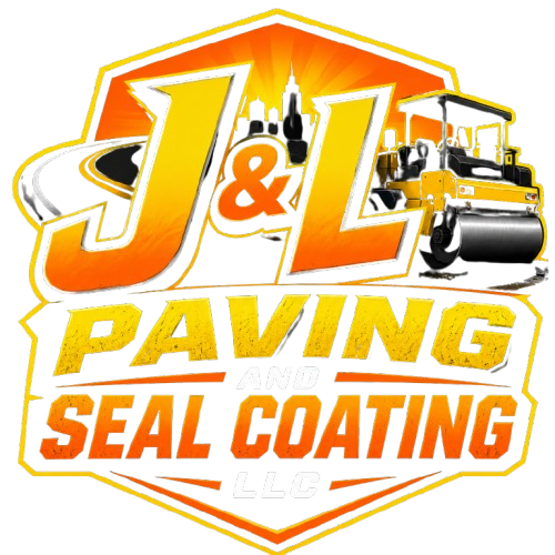 J&L Paving Seal Coating logo with orange shield and a yellow road roller