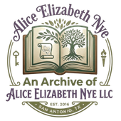 Logo for Alice Elizabeth Nye: open book with tree, key, quill, and text “An Archive of Alice Elizabeth Nye LLC”