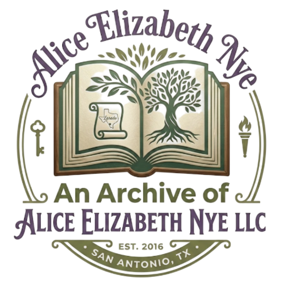 Alice Elizabeth Nye archive logo with open book, tree, text, and San Antonio, TX
