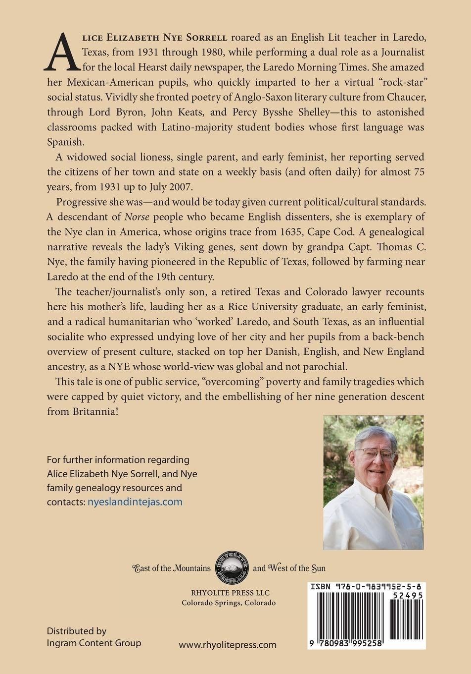 Book cover with tan background, text paragraphs, small author portrait, and barcode at bottom