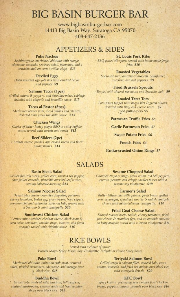 A menu for a restaurant called big basin burger bar