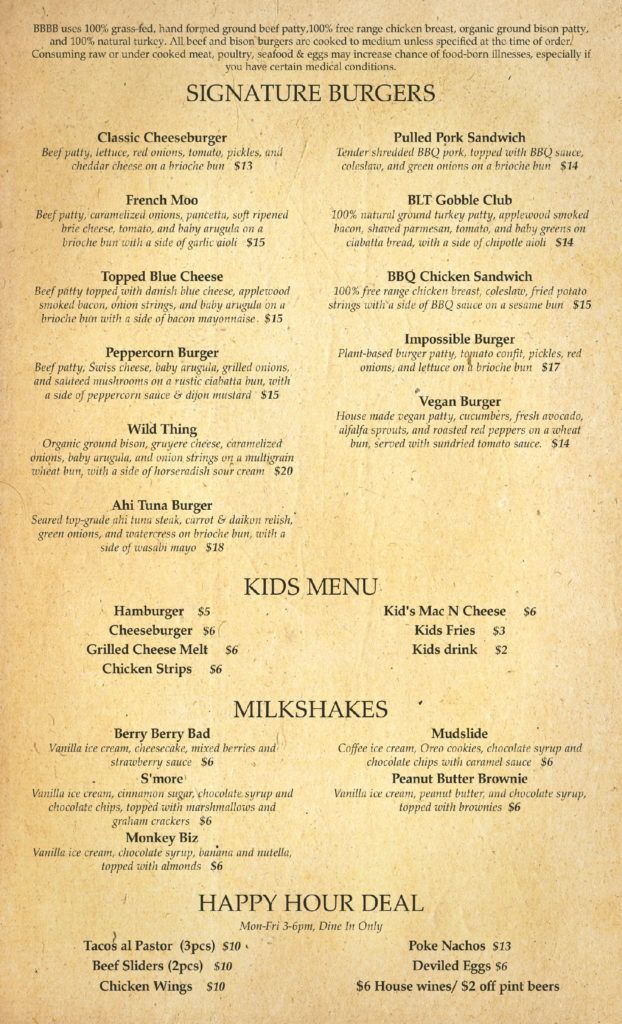 A menu for a restaurant with a happy hour deal