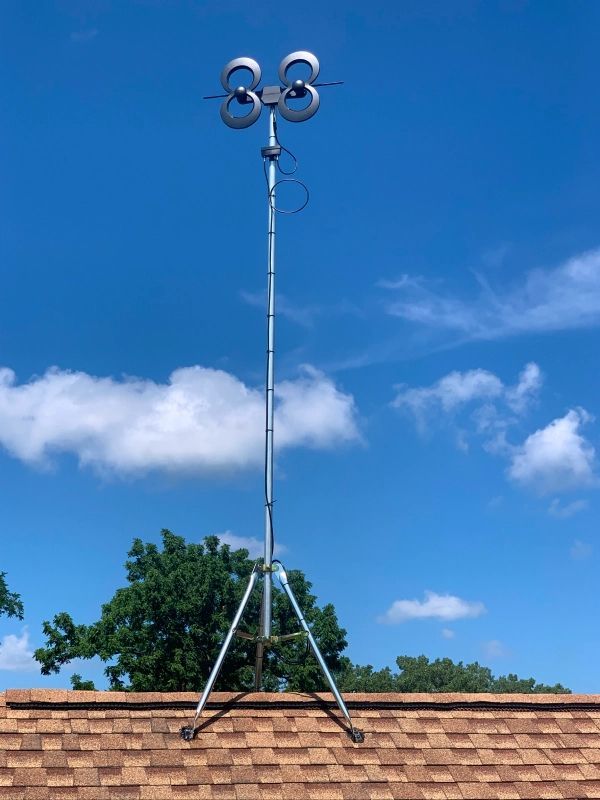 Silver weather station on a tripod on a brown roof against a blue sky with clouds.