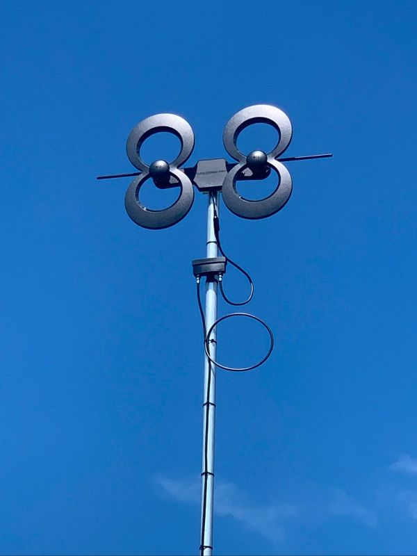 Gray TV antenna with four loops against a clear blue sky.
