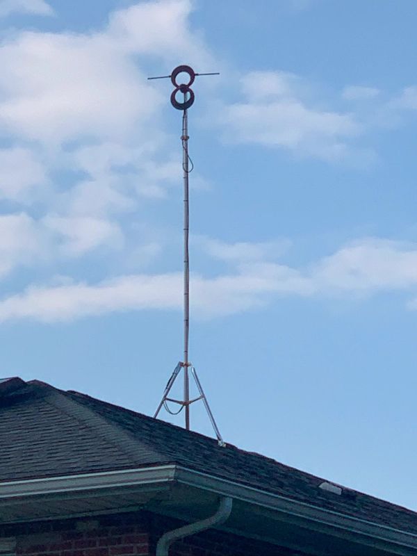 Antenna tower with two horizontal loops on a tripod, mounted on a roof against a blue sky.