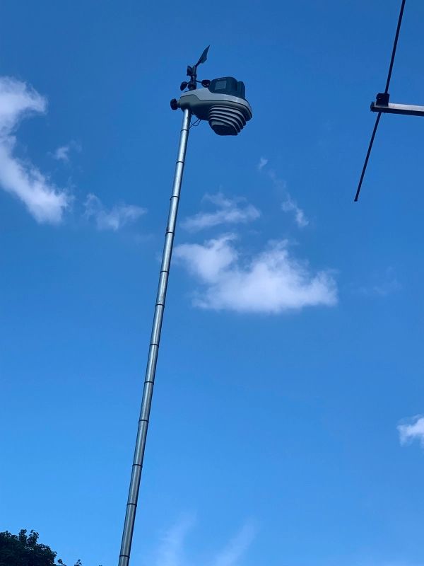 Weather station atop a tall pole against a blue sky with scattered clouds.