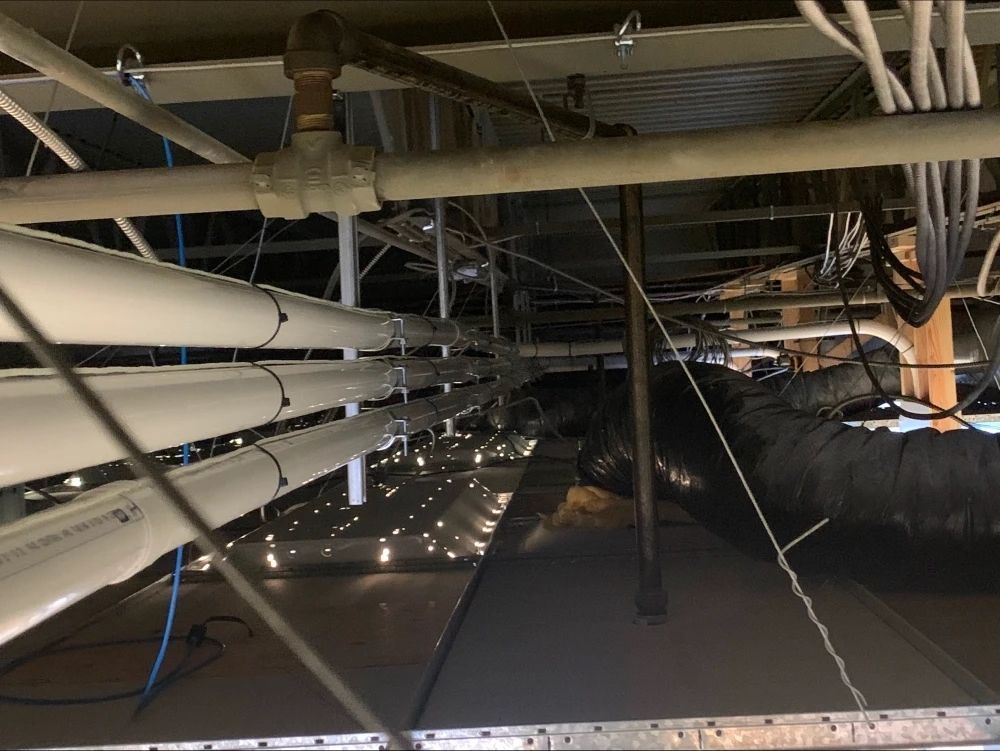 Ceiling view of HVAC system with pipes, ducts, and lights.