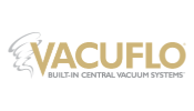 Logo for Vacuflo, a central vacuum system brand; features text and swirling design.