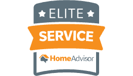 HomeAdvisor Elite Service badge with orange ribbon and two stars.