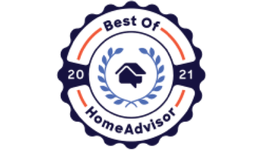 HomeAdvisor Best Of 2021 badge with blue, orange, and white circular design with a house icon.