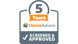 HomeAdvisor 5-year screened and approved badge; features a number