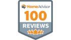 HomeAdvisor badge: 100 Reviews, orange text on gray shield, three gold stars.