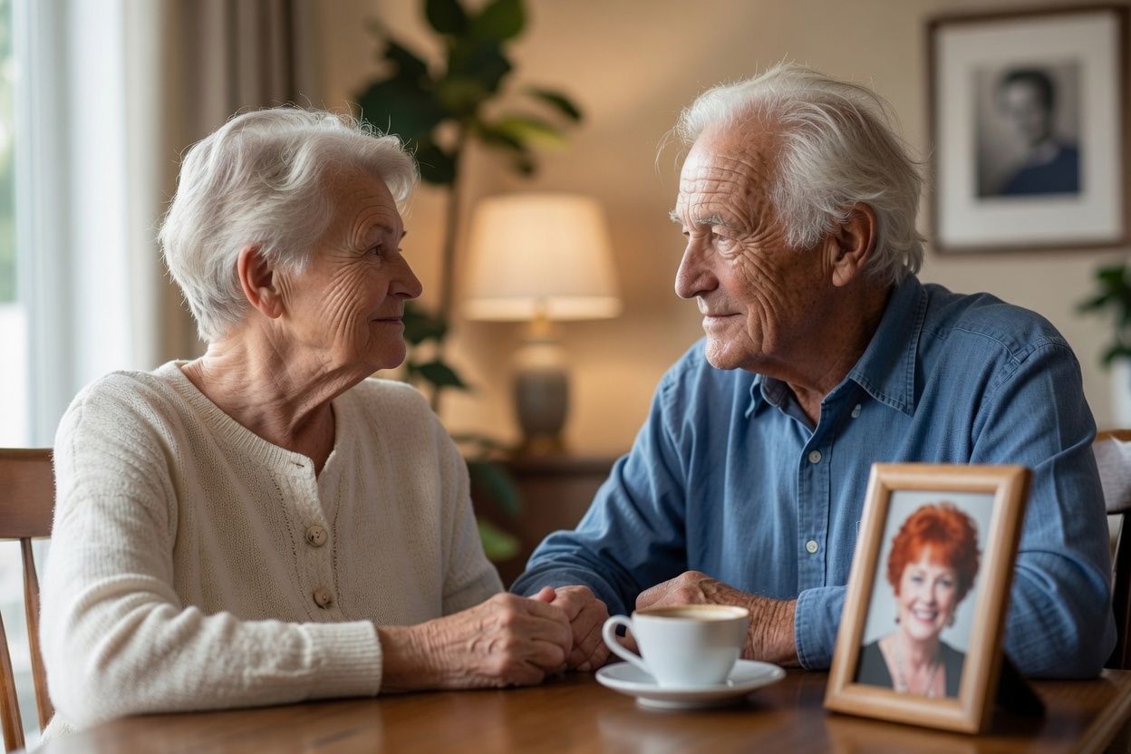 Ouder stel wandelt hand in hand — nieuwe liefde na het overlijden van een partner