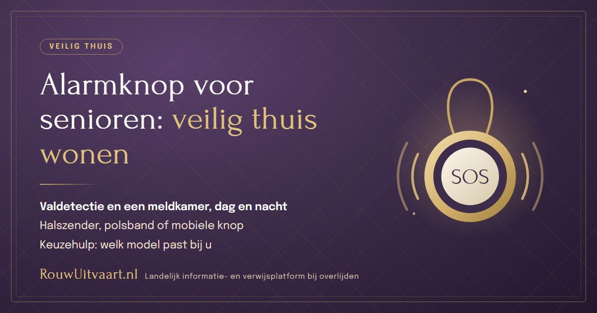 Oudere vrouw draagt een alarmknop om de nek in een veilige thuisomgeving