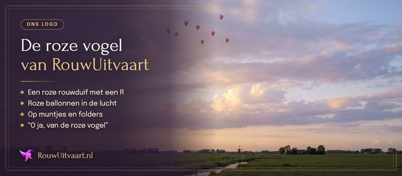 De roze vogel van RouwUitvaart: roze ballonnen hoog in een avondlucht boven een Hollands weiland met een molen