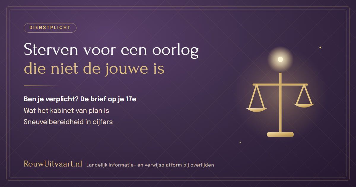 Paarse kaart: dienstplicht, sterven voor een oorlog die niet de jouwe is, met een gouden weegschaal