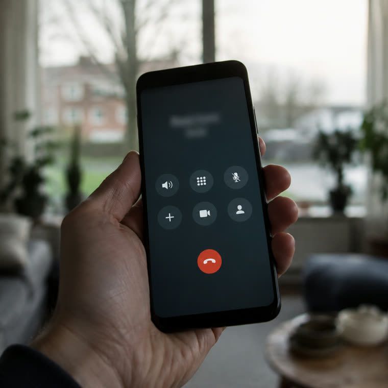 Hand met een mobiele telefoon tijdens een noodoproep in een woonkamer