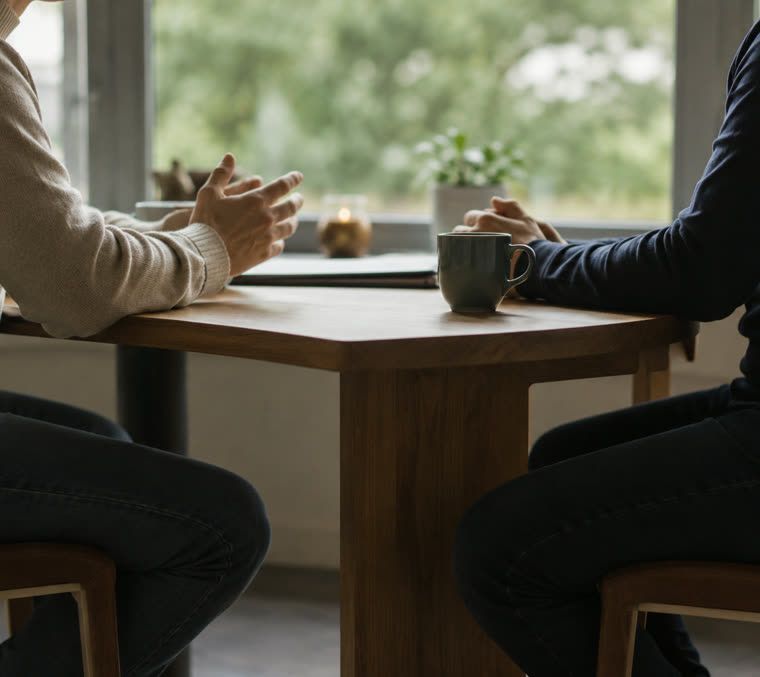 Twee mensen in gesprek aan een tafel bij daglicht