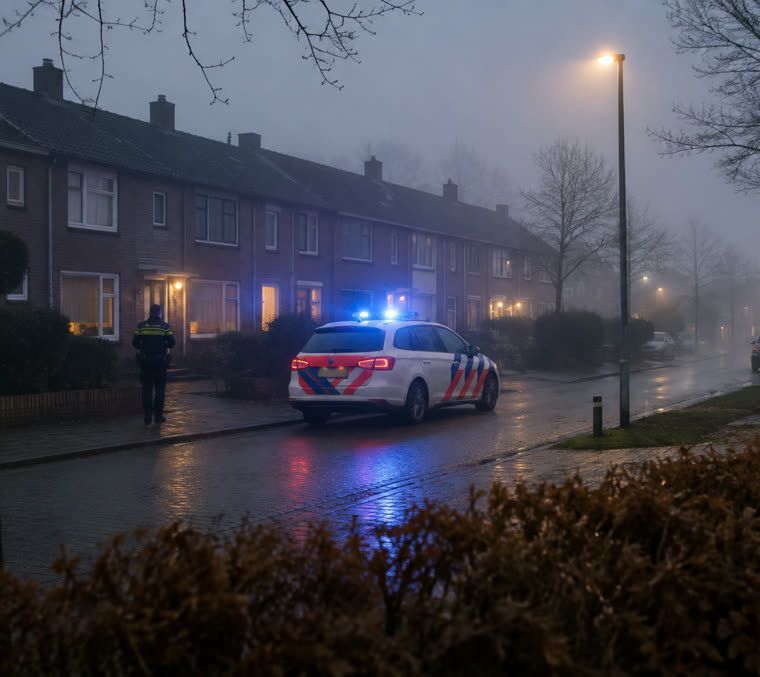 Politieauto met zwaailichten in een mistige Nederlandse straat bij een woning