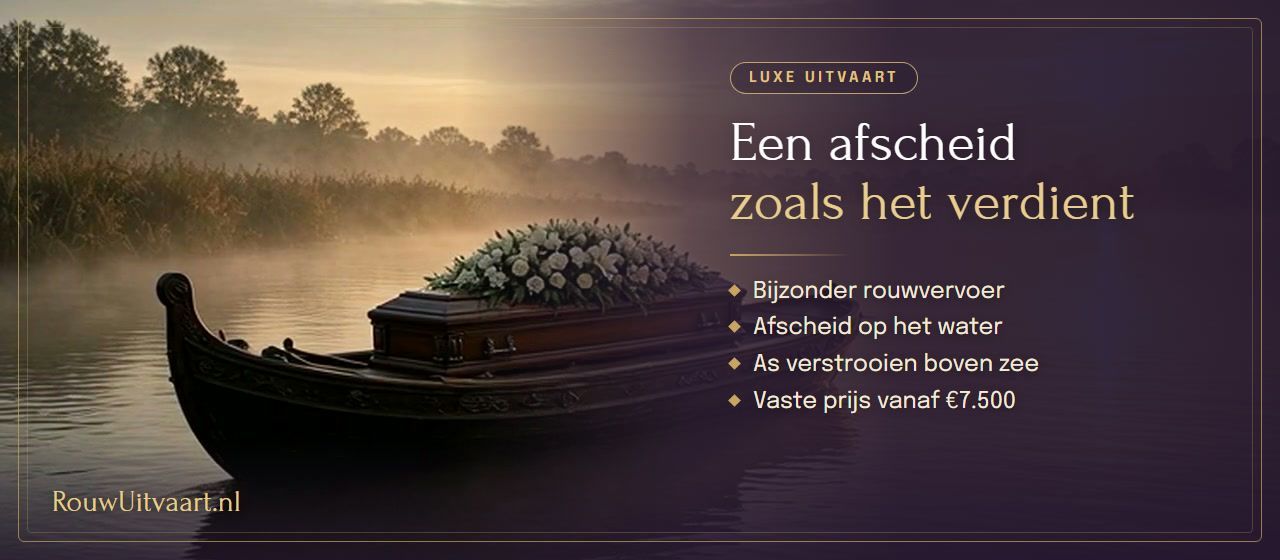Luxe uitvaart: houten uitvaartboot met een kist vol witte rozen op een mistige rivier bij zonsondergang