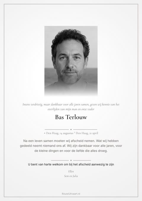 Voorbeeld van een rouwkaart voor een partner, wit ontwerp met een zwart-witfoto