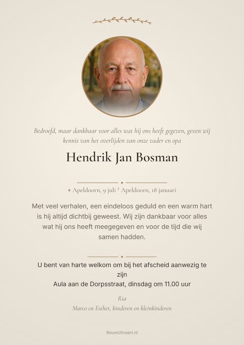 Voorbeeld van een rouwkaart voor een vader en opa, warm zand met een ronde foto