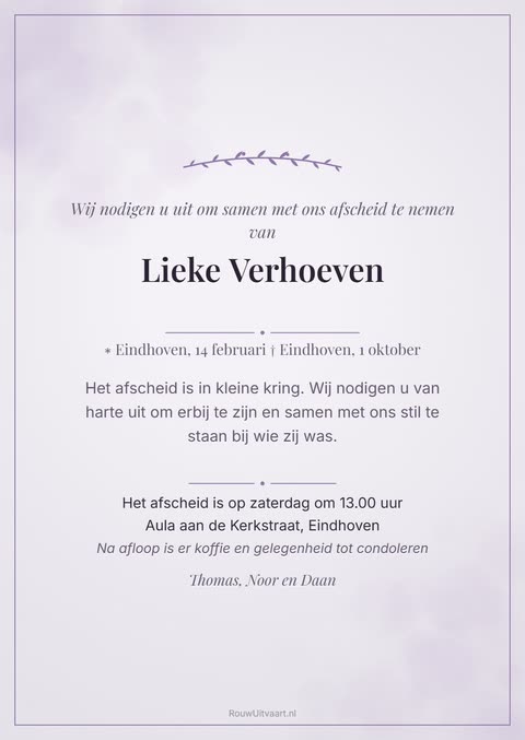 Voorbeeld van een uitnodiging voor een afscheid in kleine kring, lavendel met een olijftakje