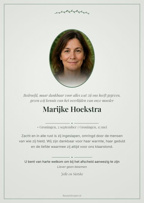 Voorbeeld van een rouwkaart voor een moeder, stil groen met een ovale foto