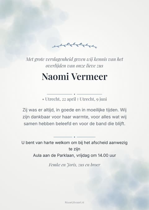 Voorbeeld van een rouwkaart voor een zus, aquarel in zacht blauw met een olijftakje