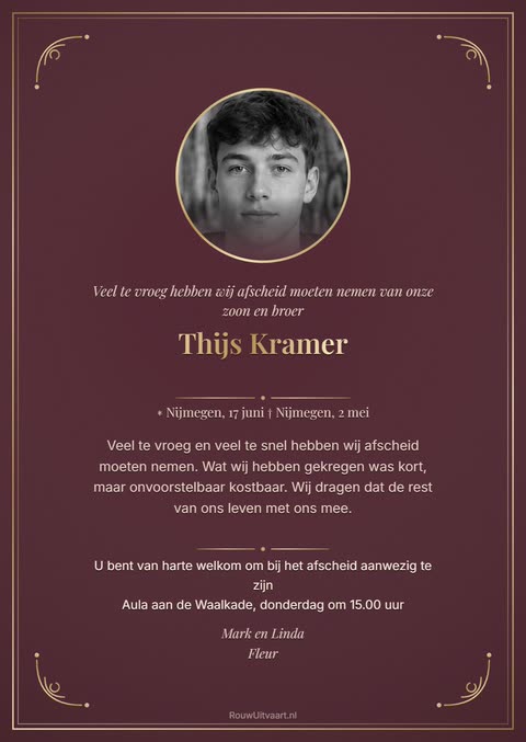 Voorbeeld van een rouwkaart voor een jonge zoon en broer, bordeaux met gouden sierhoeken