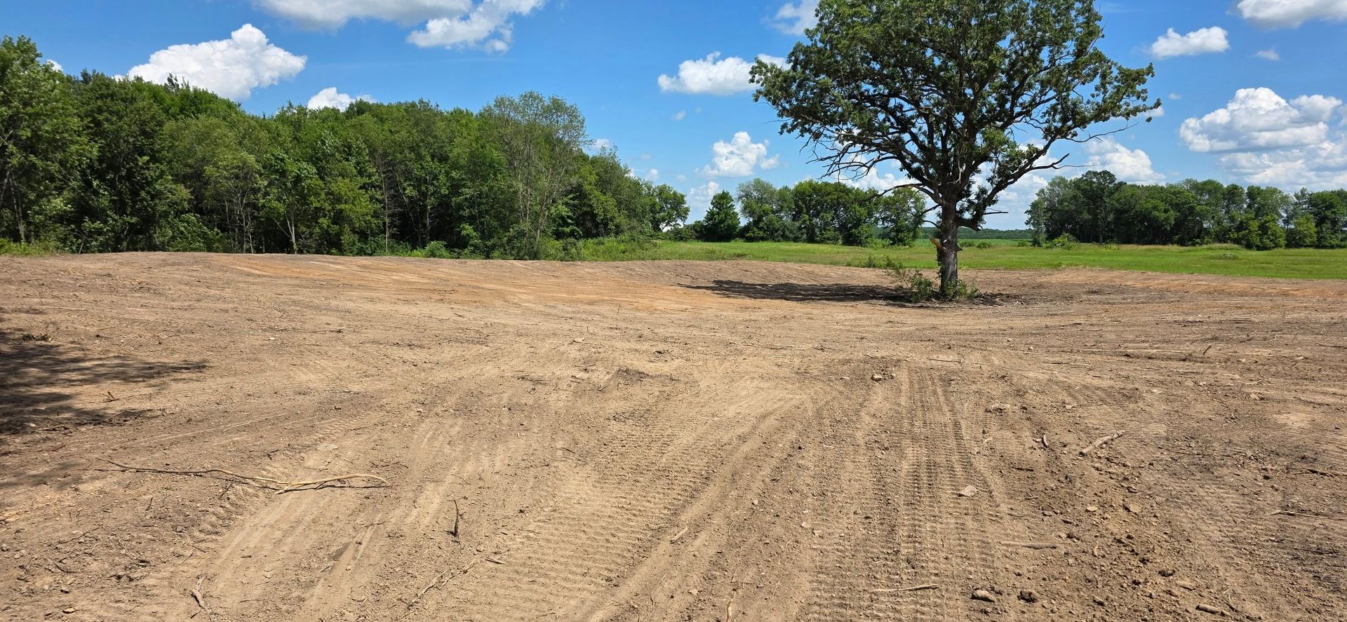A wide, cleared plot of brown dirt under a bright blue, cloudy sky, with a lone tree and a dense forest line in the back.