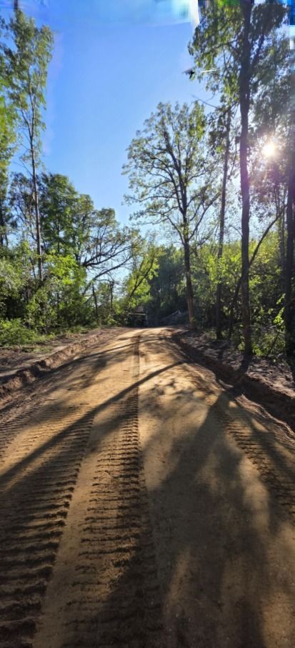 A dirt path through a wooded area under a bright, sunny sky, showing deep tire tracks from heavy machinery.