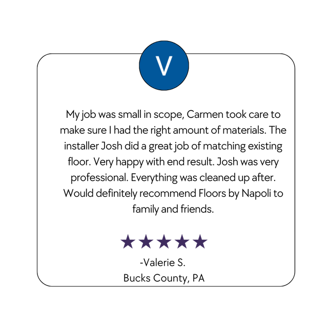 Five-star review card with blue “V” logo, praising Carmen and installer for a job well done.