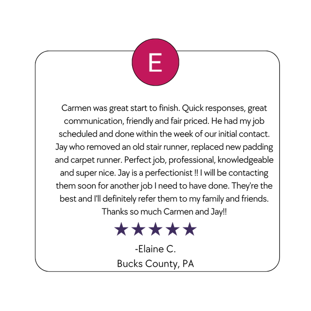 Customer review card with magenta “E” badge, five purple stars, and a thank-you note from Bucks County, PA