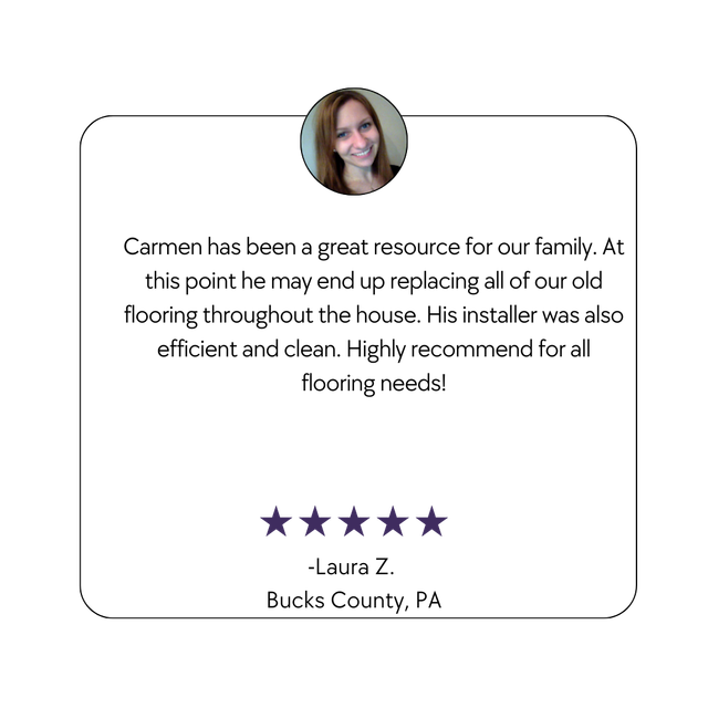 Customer testimonial card with a portrait, five purple stars, and text praising Carmen’s flooring work.