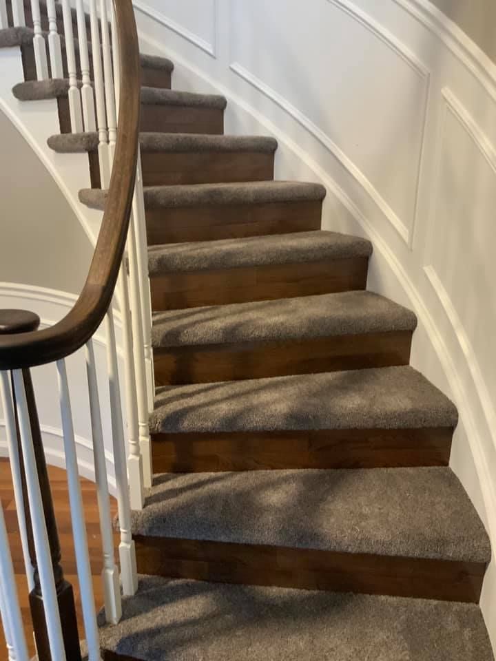 Curved staircase with dark carpeted steps, wooden railing, and white walls.