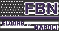 floors by napoli logo FBN Floors by Napoli logo with stars and striped American flag design in purple, black, and white