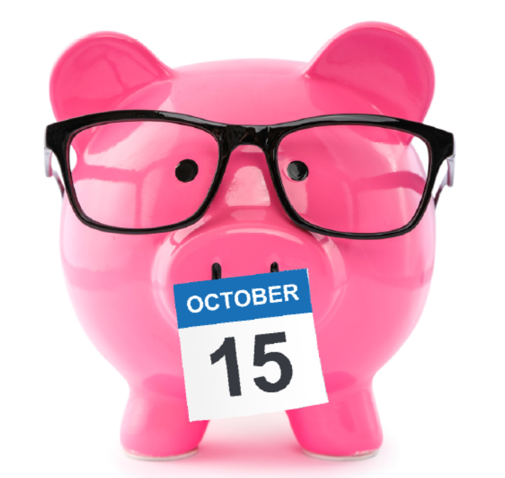 Pink piggy bank wearing black glasses with an October 15 calendar page attached
