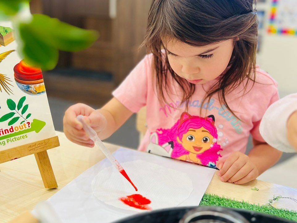 A young child in a pink shirt uses a dropper to place red liquid onto a white surface during a science activity.