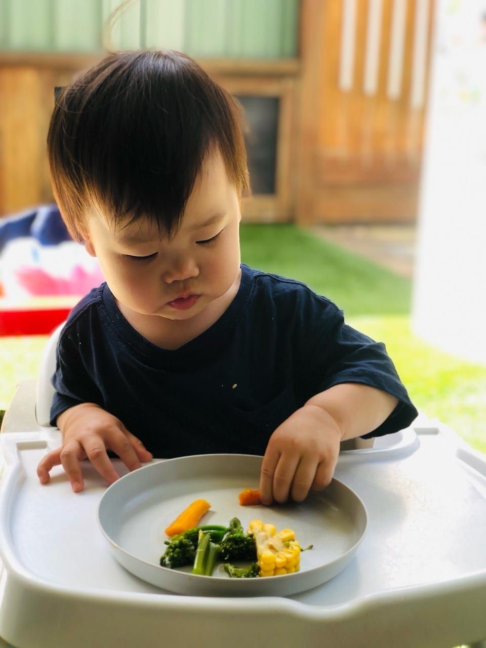 A toddler holds up a cooked shrimp by its head while sitting outdoors in front of a hedge.