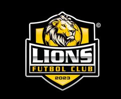 Lions Futbol Club logo with a roaring lion head, black, gold, and white shield, and “2023” text