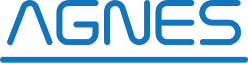 A blue and white logo for agnes on a white background