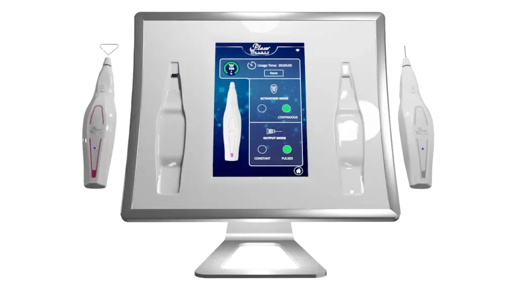 A computer monitor with a bottle on the screen.