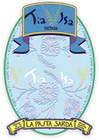 Logo circolare blu con motivo floreale, nastri e striscione «La Pastora Sardina» in basso