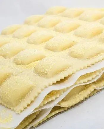 Sfoglie di pasta per ravioli crude, sovrapposte su uno sfondo bianco