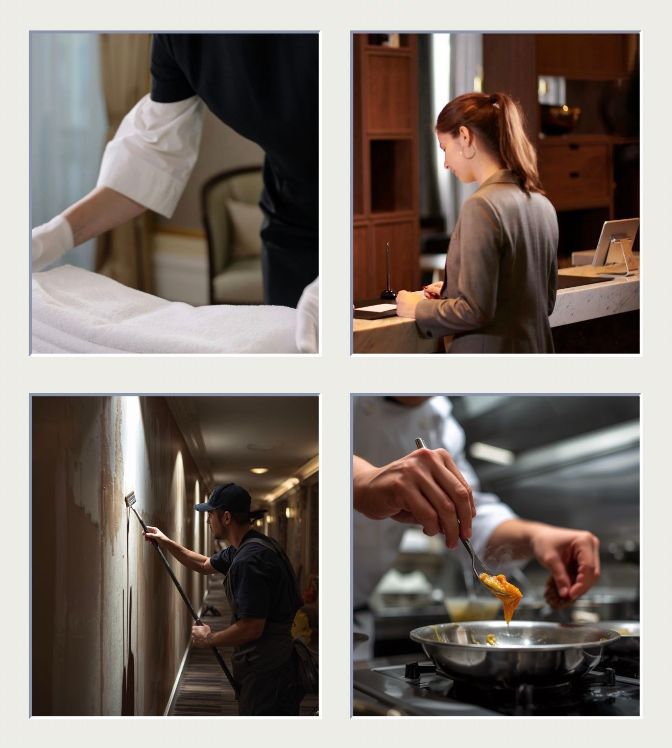 Collage de cuatro paneles que muestra al personal del hotel limpiando y preparando las habitaciones y las áreas de servicio de alimentos.