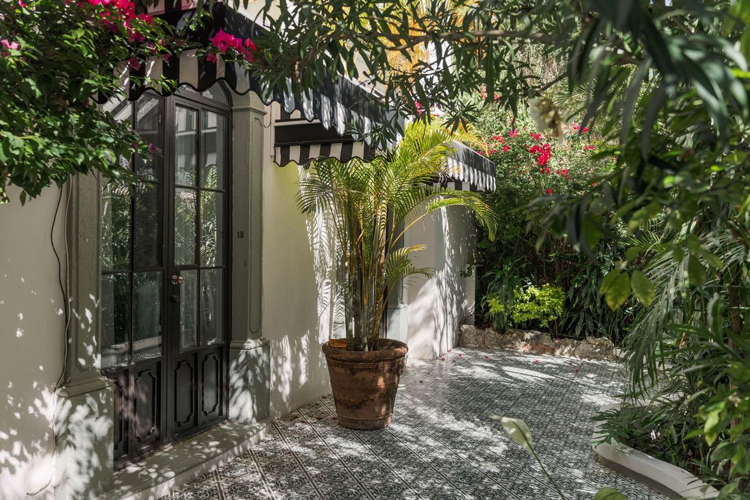 Sendero soleado ajardinado junto a una casa de estuco blanco, con palmeras en macetas y buganvillas rosas en lo alto.